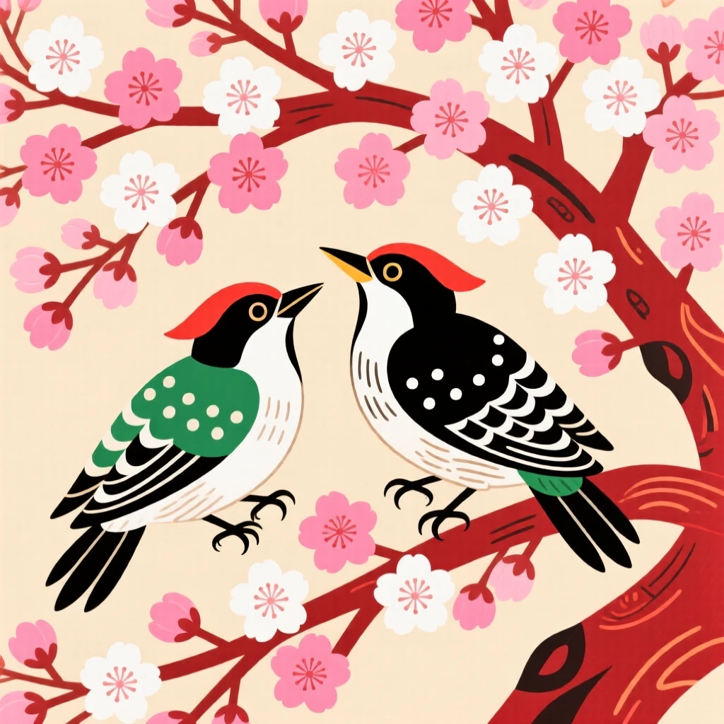 A pair of woodpeckers gliding together under a cherry blossom tree.
