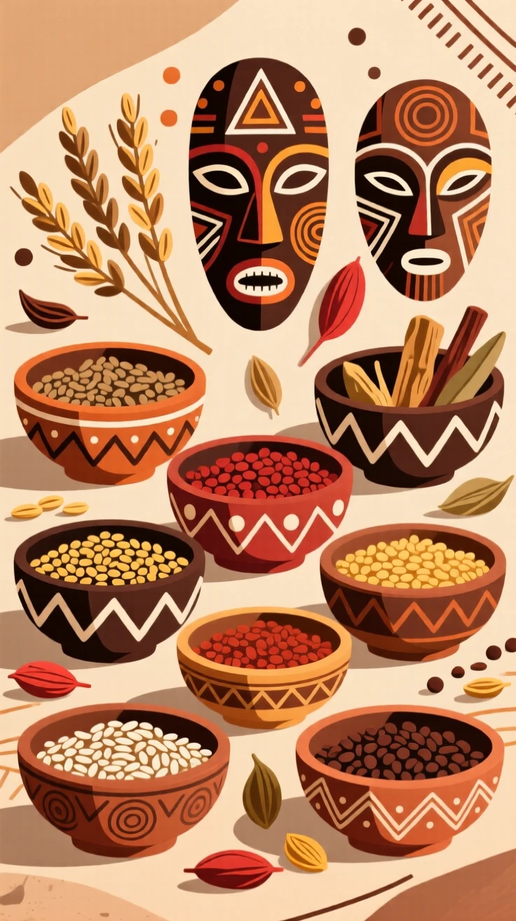 An arrangement of dried grains and spices in clay bowls.