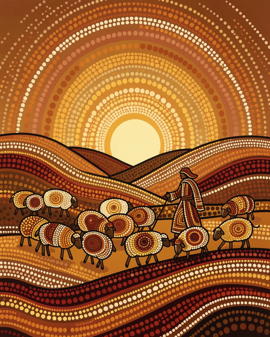 A shepherd guiding a flock across hills at sunset