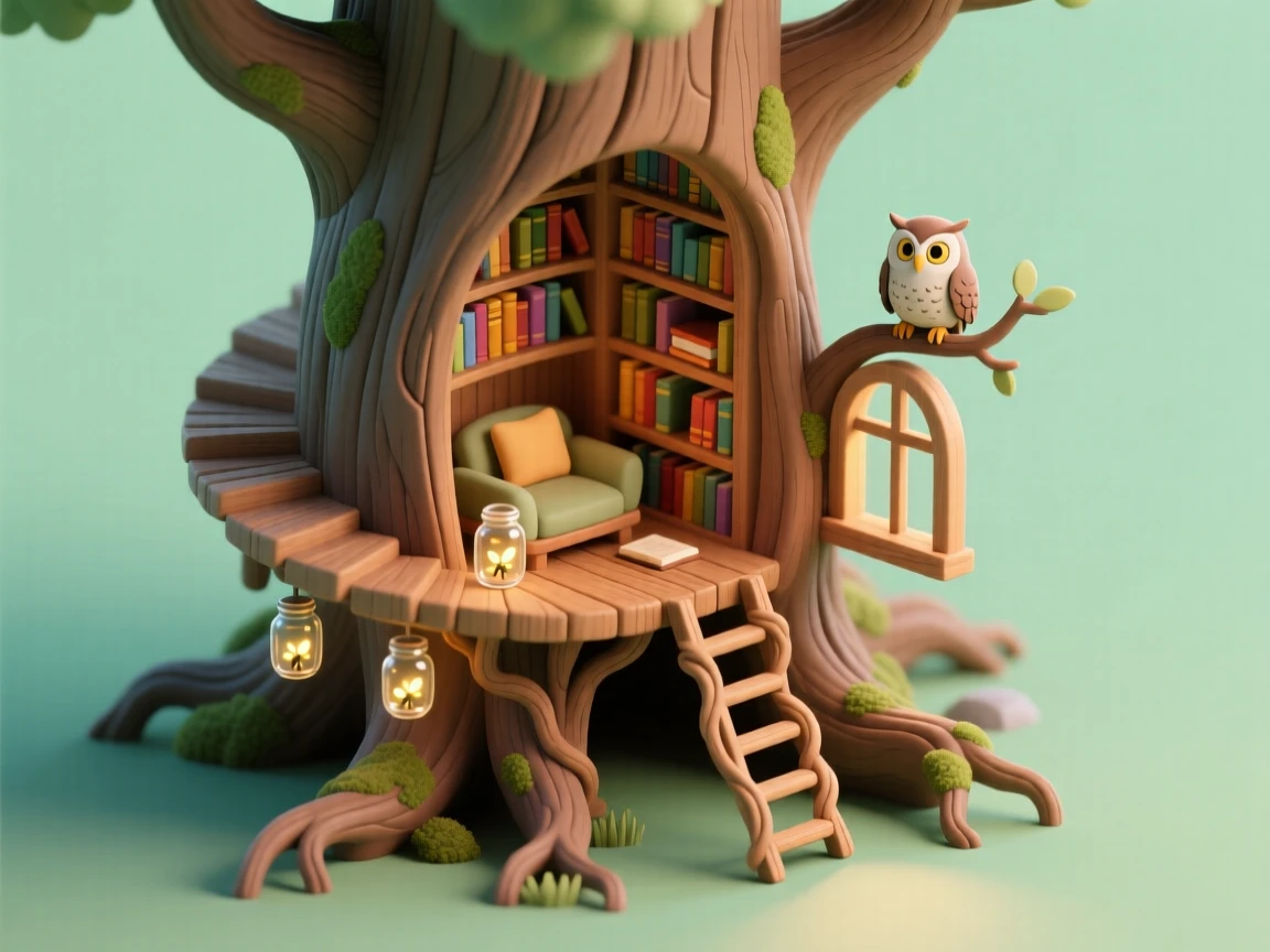 A treehouse library built into a hollow tree with spiral bookshelves, a reading nook lit by fireflies in jars, a ladder made of roots, and an owl perched on a branch outside the window.