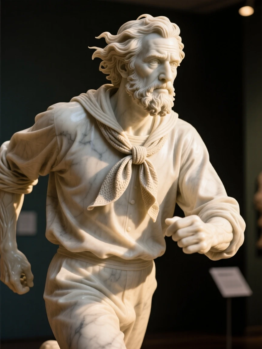 A close-up portrait of a rugged sailor, mid-stride, hair caught by the wind, bathed in golden hour light, radiating quiet emotion and dignity