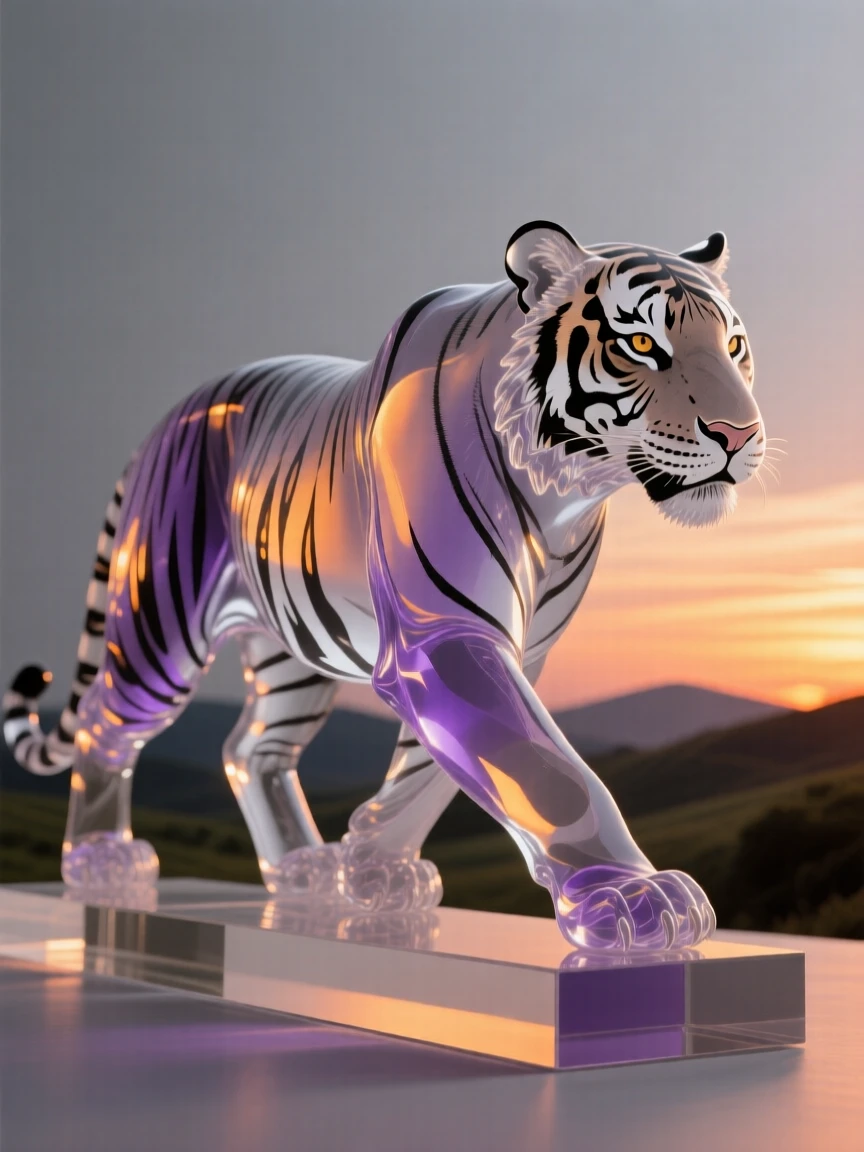 A bengal tiger silhouetted against a dramatic sunset sky over rolling hills, warm orange and purple tones creating a serene, cinematic mood.