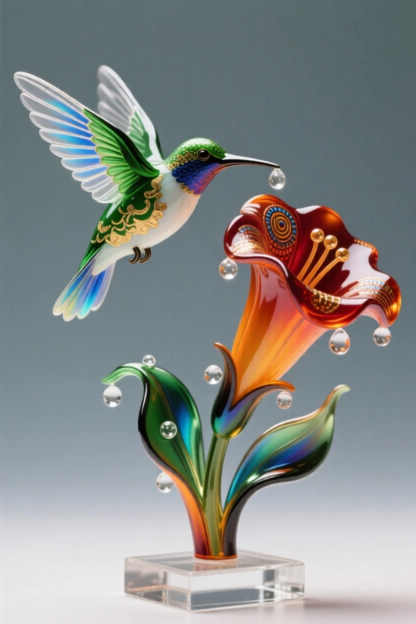 A hummingbird frozen mid-hover beside a trumpet flower, wings a blur, delicate and vibrant, dew drops clinging to the petals.