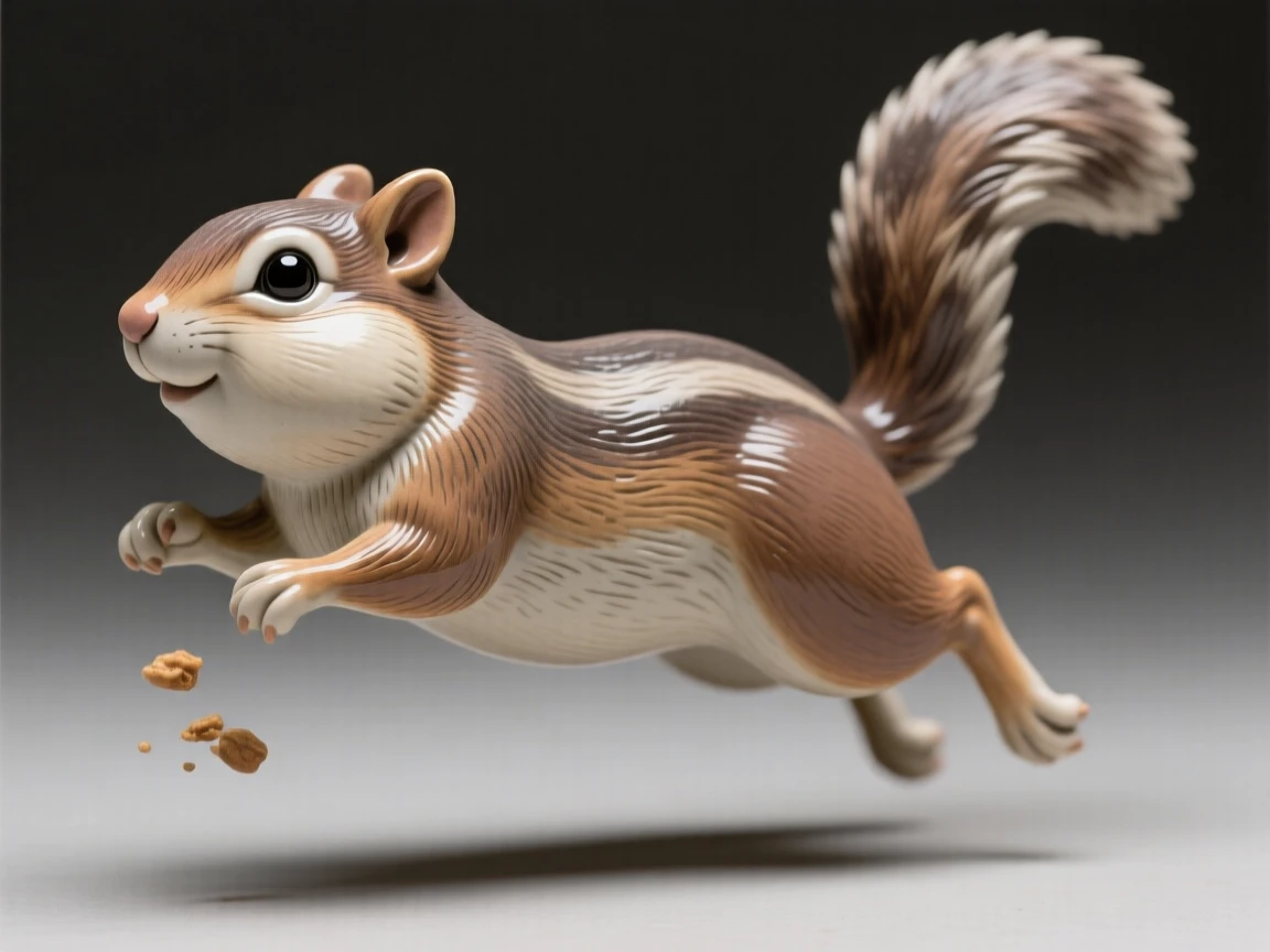 A chipmunk with puffed cheeks caught in a playful leap, its eyes wide with gentle curiosity, stirring a feeling of gentle wonder.