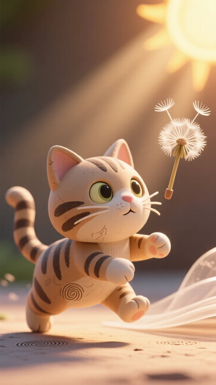 A tabby kitten chasing a floating dandelion seed through a sunbeam