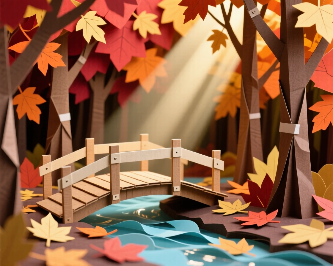 A dense autumn forest ablaze with red, orange, and gold leaves, a small wooden bridge crossing a clear stream below, sunlight streaming through the canopy in soft shafts, capturing the fleeting beauty of fall.