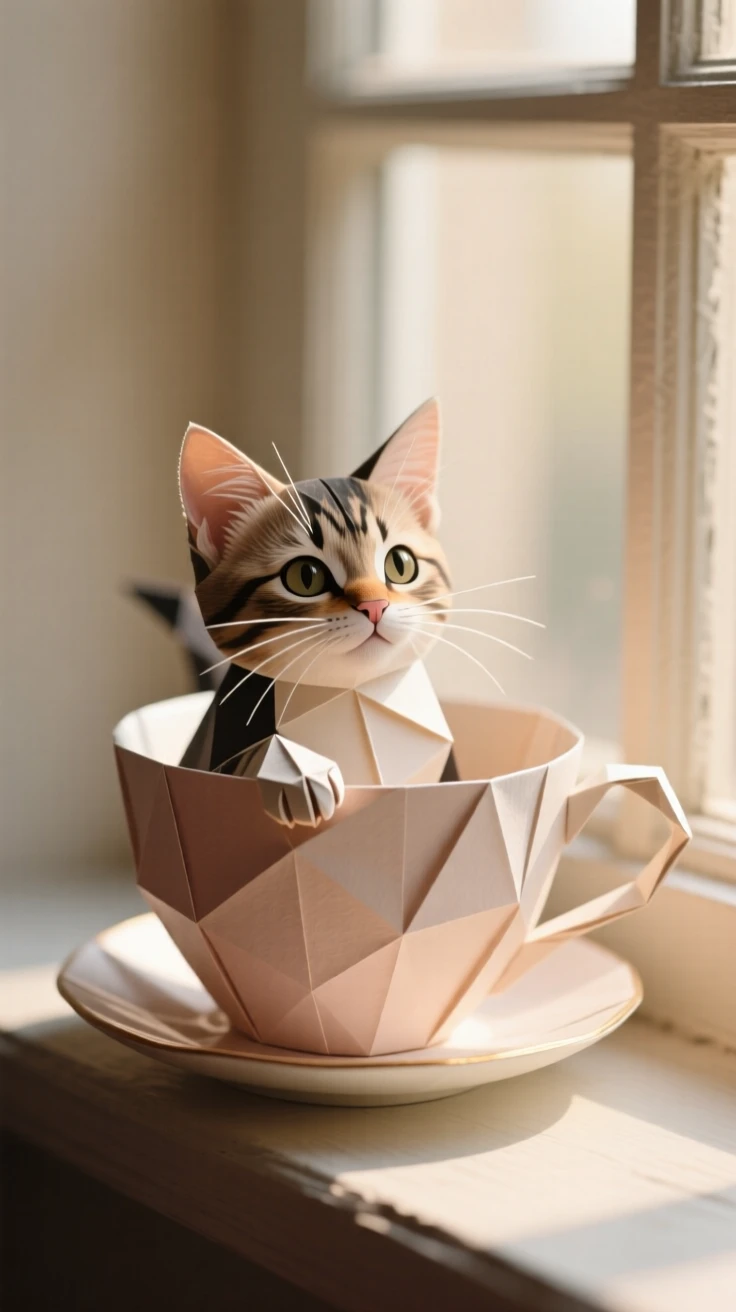 A kitten peeking out from inside a teacup on a windowsill, whiskers catching the light, tiny paw resting on the rim.