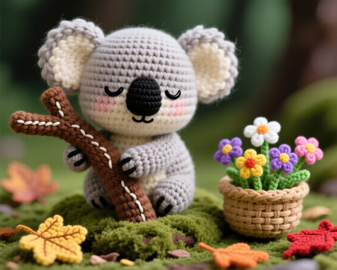A heartwarming close-up of a chubby koala joey, with round fuzzy ears and a black nose, clinging tightly with all four limbs wrapped around a branch in a mossy forest floor covered in fallen leaves; a small basket of wildflowers nearby completes the scene, radiating a peaceful, drowsy calm settling over the scene.