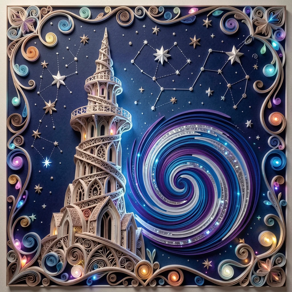 A magical fantasy scene of a wizard's tower spiraling up into a starry sky beside a shimmering portal of swirling light, with soft bioluminescent glow illuminating the scene, captured from a sweeping cinematic wide angle.