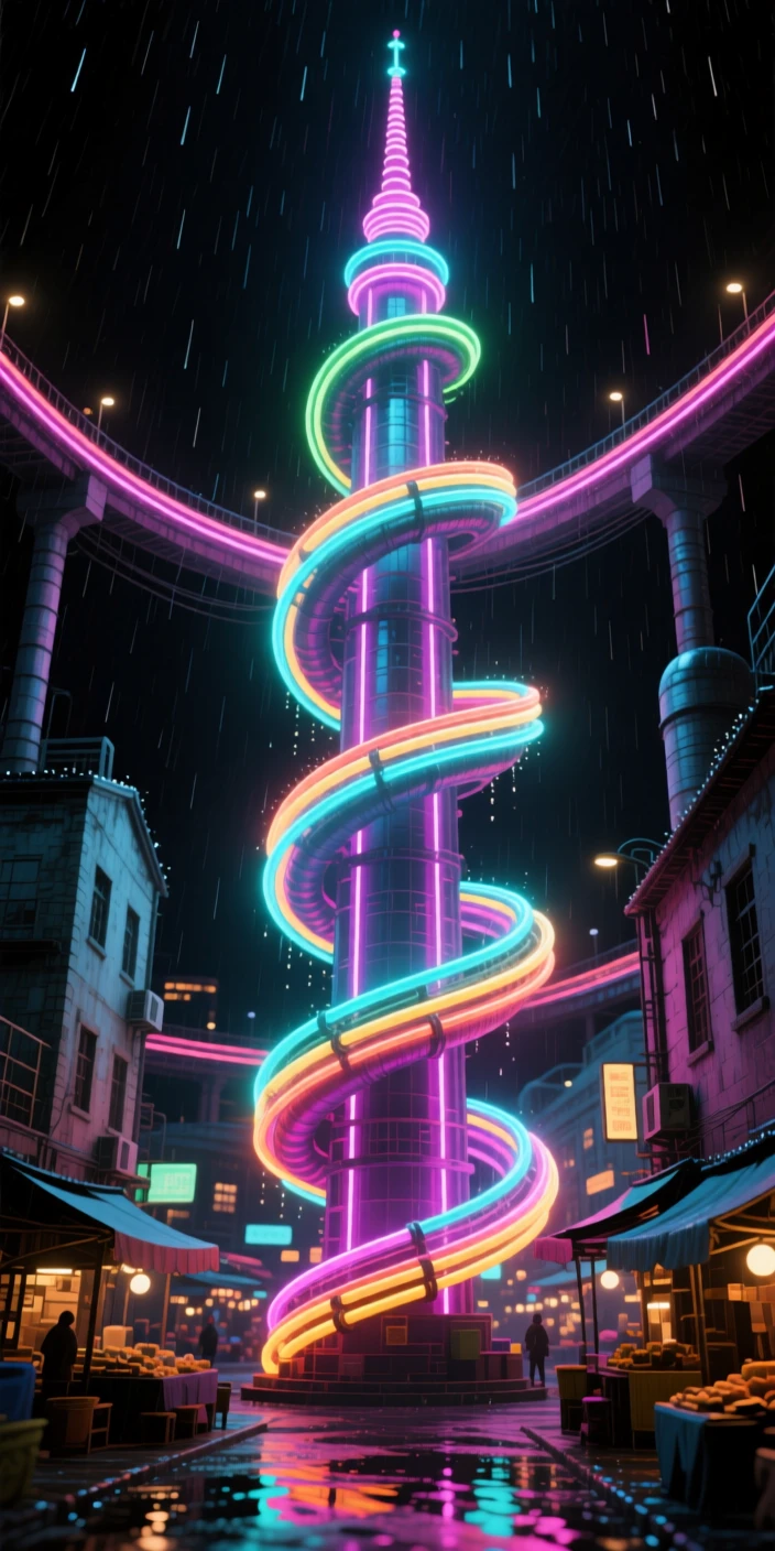 An image of a vertical highway interchange looping around a central spire within a market district built into an old industrial quarter, as a light drizzle collects on every surface.