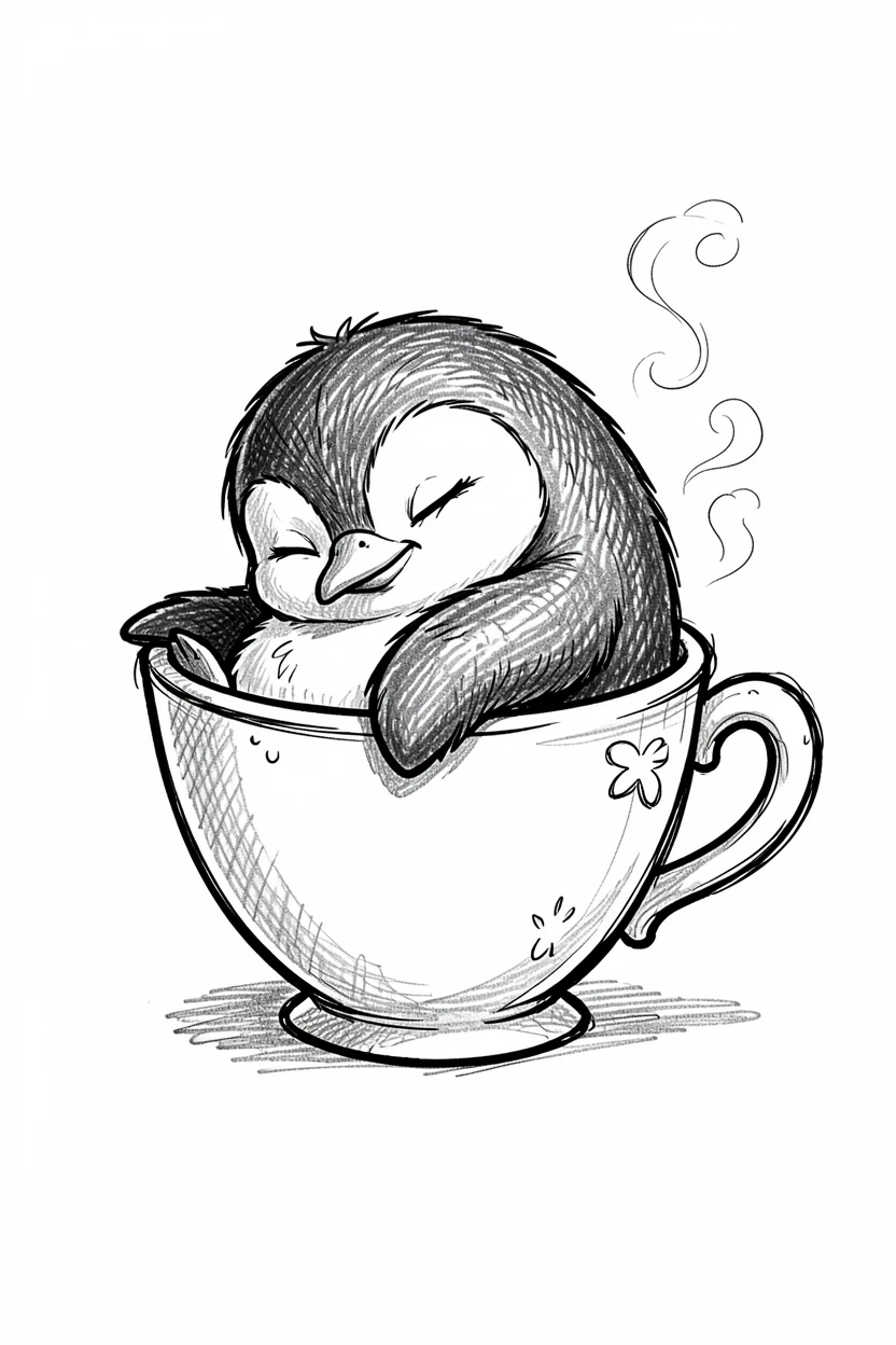 A wobbly baby penguin napping in a teacup.