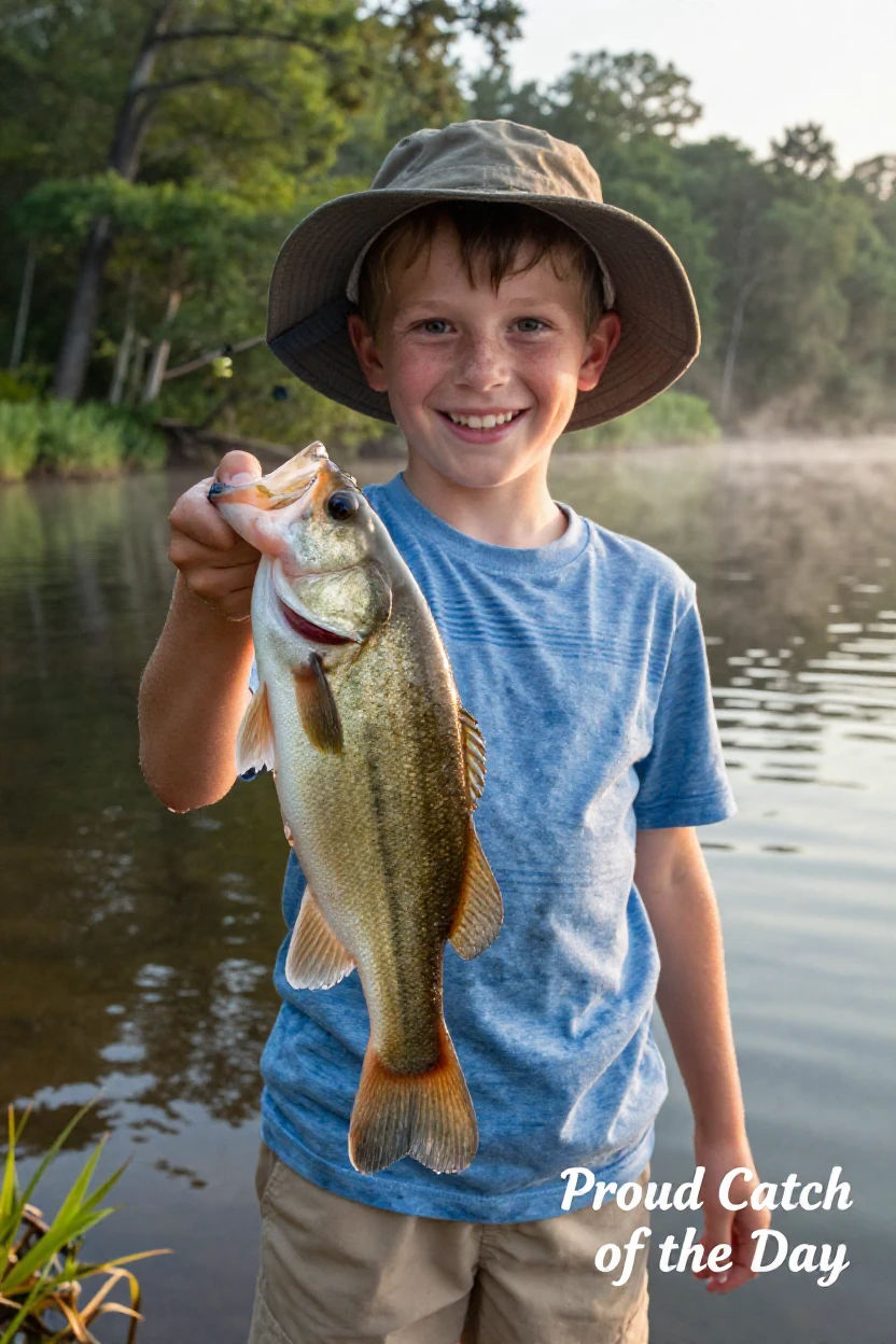 A little boy proudly holding up a fish he caught