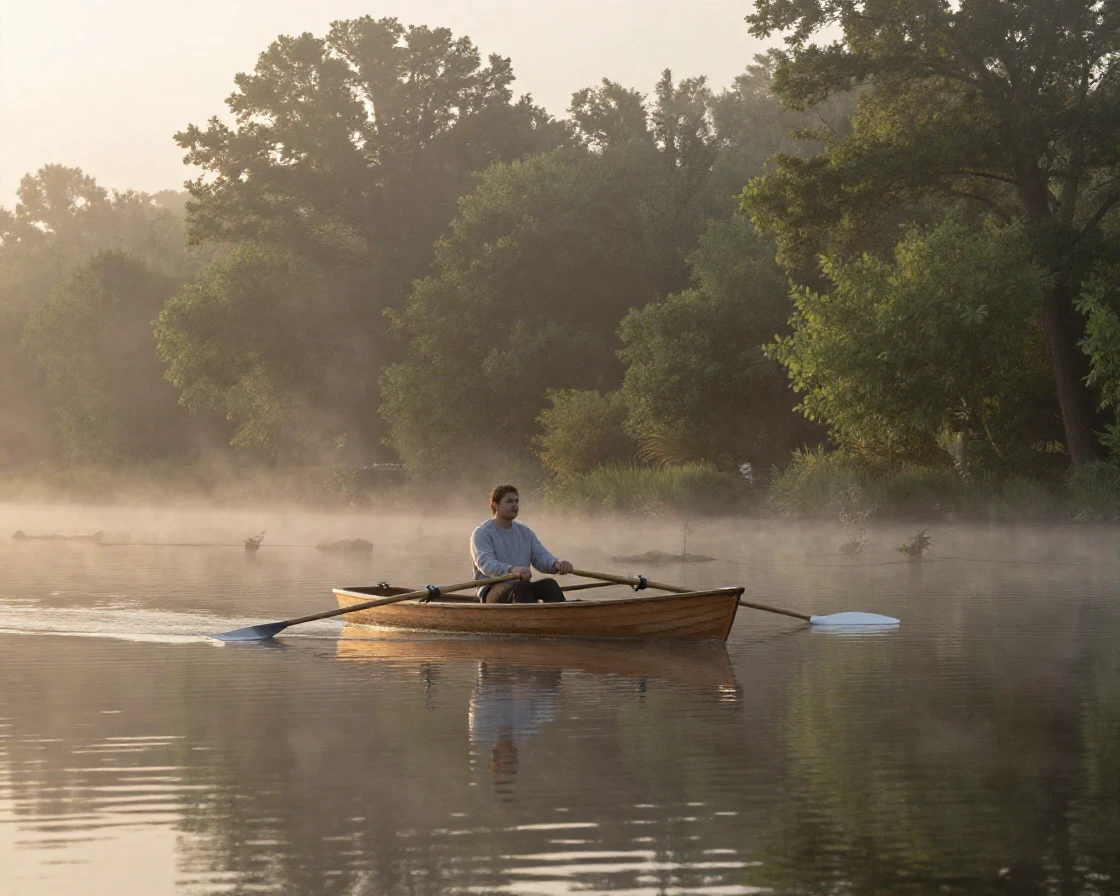 Morning fog clings to a lake surface as a lone rower glides silently across it.