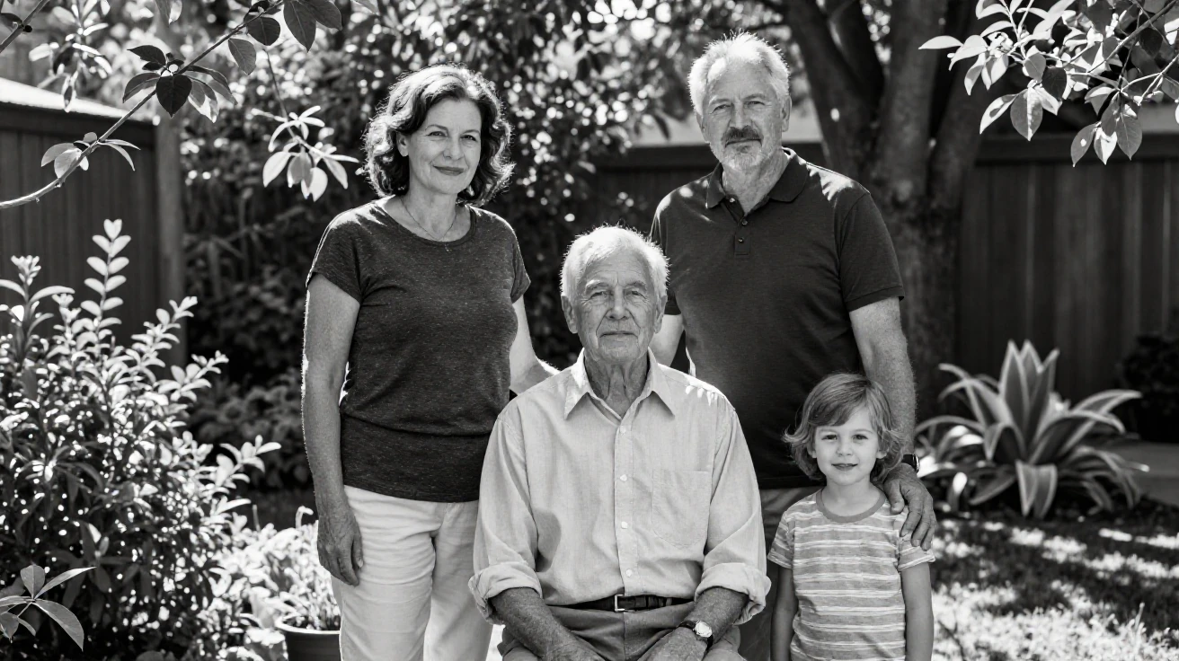 Three generations of a family pose together for a portrait in a sunlit backyard garden.