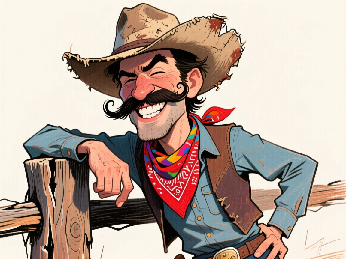 A rugged cowboy with a weathered hat, handlebar mustache, and bandana, leaning casually against a wooden fence post.