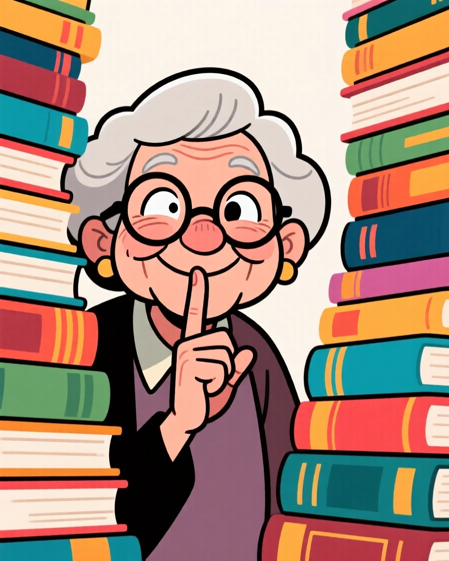 A charming portrait of a wise old librarian peeking over tiny spectacles, finger pressed to her lips, surrounded by towering stacks of books.