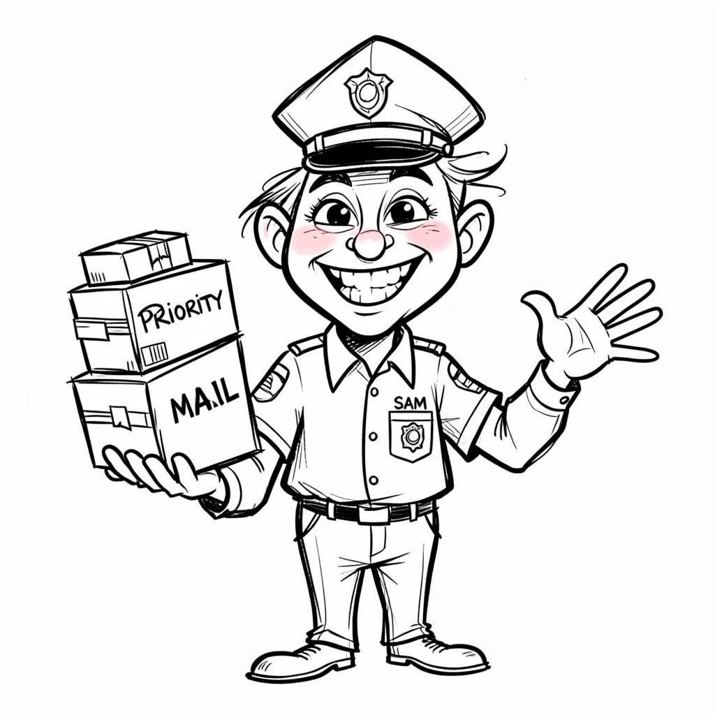 [People Portraits & Characters] Portrait of a cheerful mail carrier balancing a stack of packages and waving hello, full of personality and charm