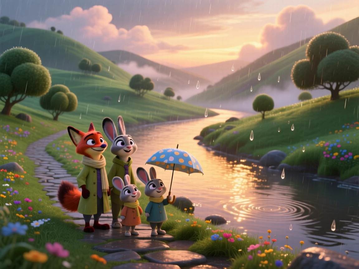 A winding river valley glows while a gentle rain begins to fall, with a narrow path winding through the scene. A calming stillness settles over the landscape.