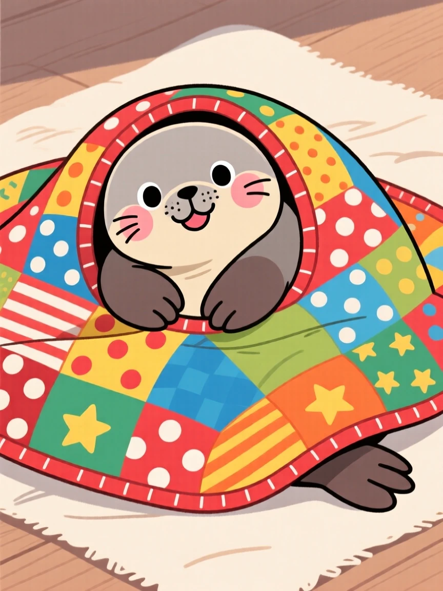 A chubby baby seal snuggling under a patchwork quilt.
