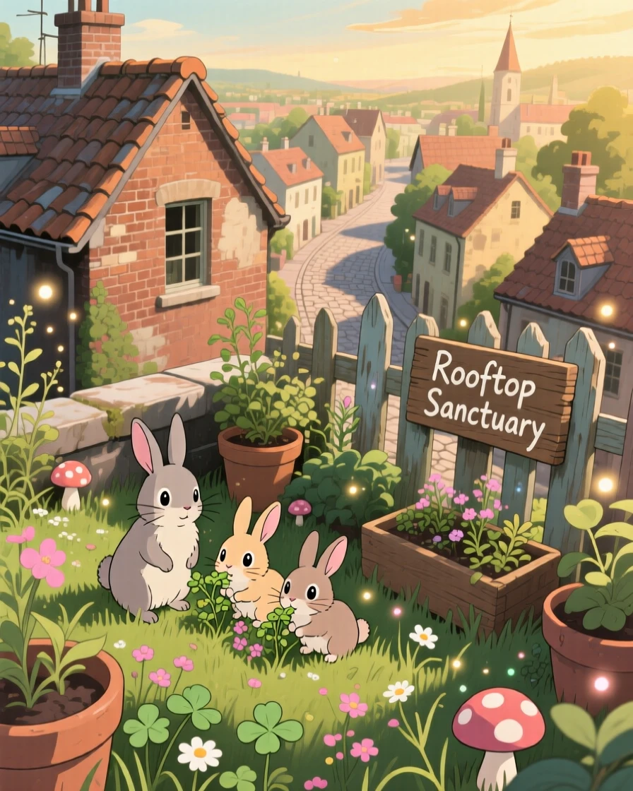 A rooftop garden overlooking a sleepy town, a family of rabbits nibbling at the undergrowth, creating a scene of quiet natural magic.