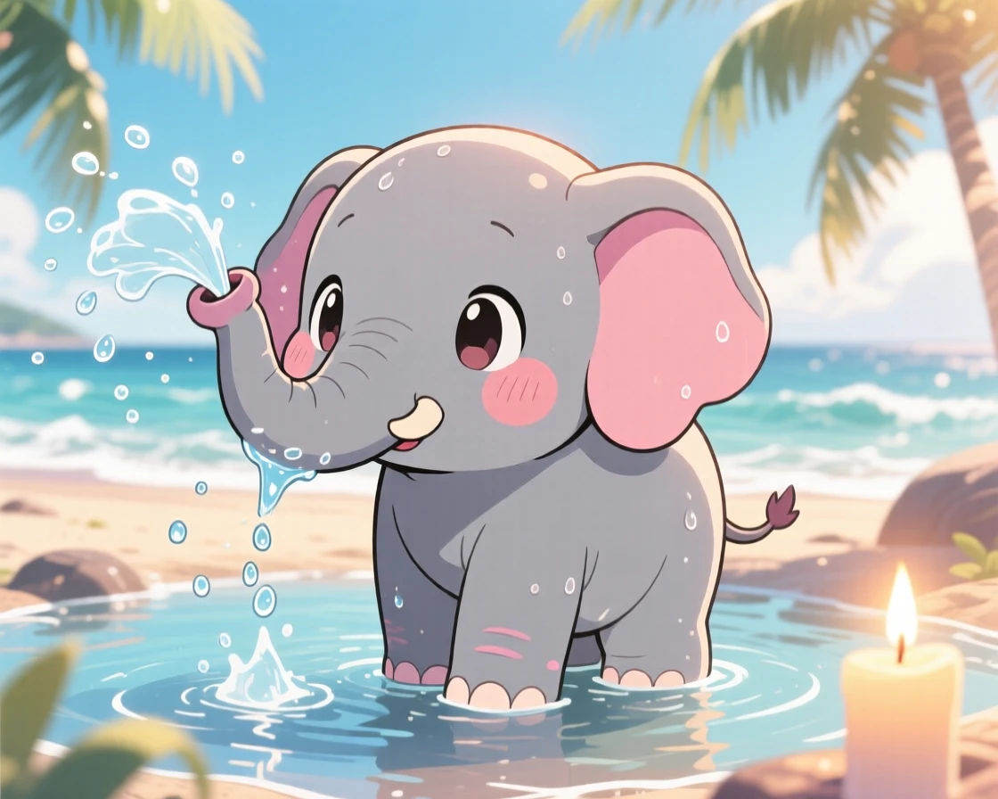 A baby elephant spraying itself playfully with a trunkful of water, framed as a waist-up portrait within a sunlit watering hole, on a breezy coastal afternoon, glowing under gentle candlelight, evoking shy bashfulness.