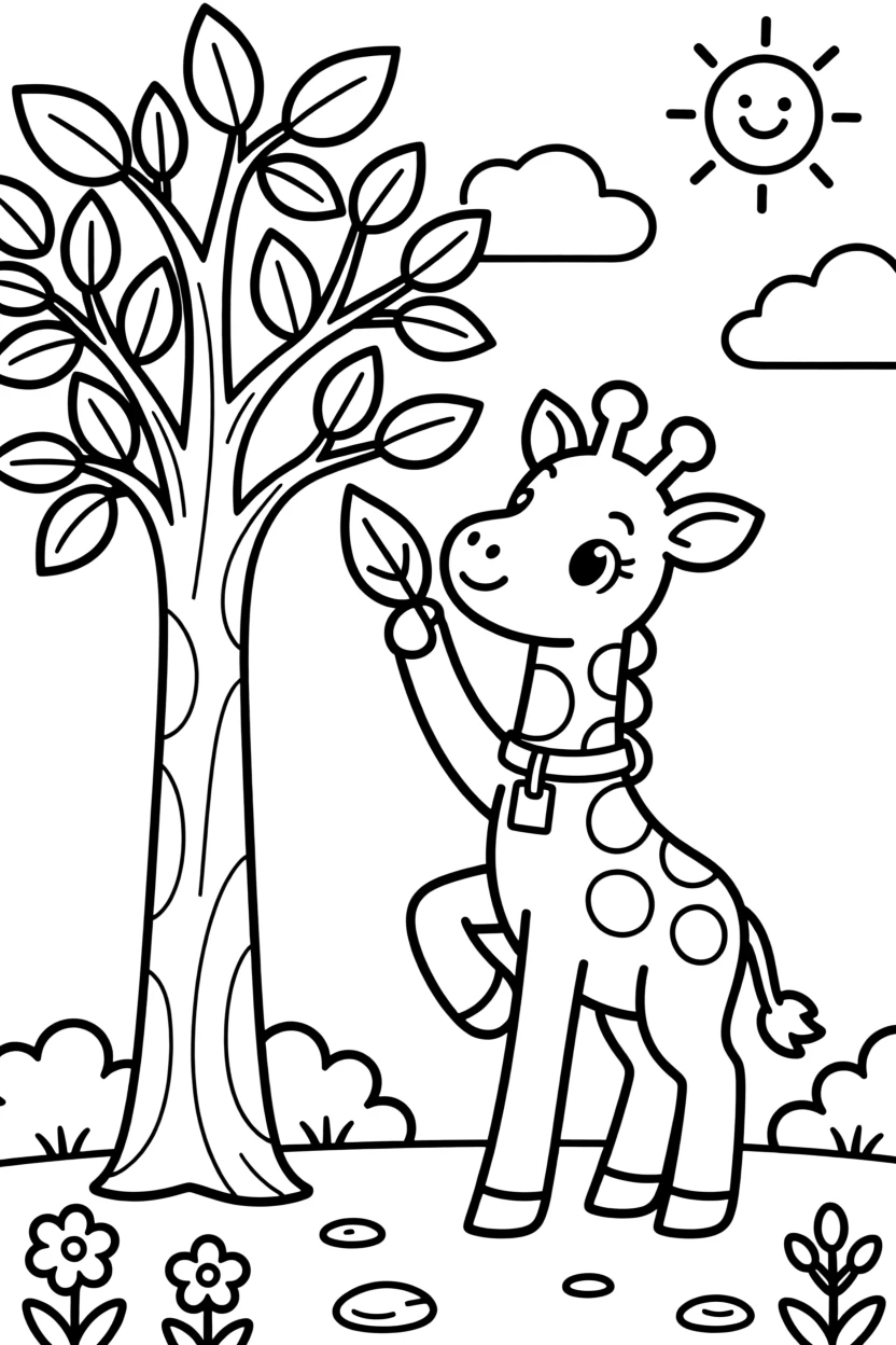 A baby giraffe reaching up to nibble leaves from a tall tree