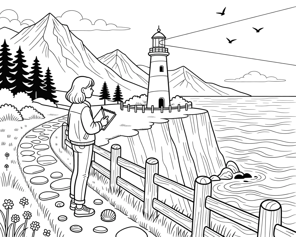 A cliffside overlook with a lighthouse in the distance, with jagged peaks rising in the background.