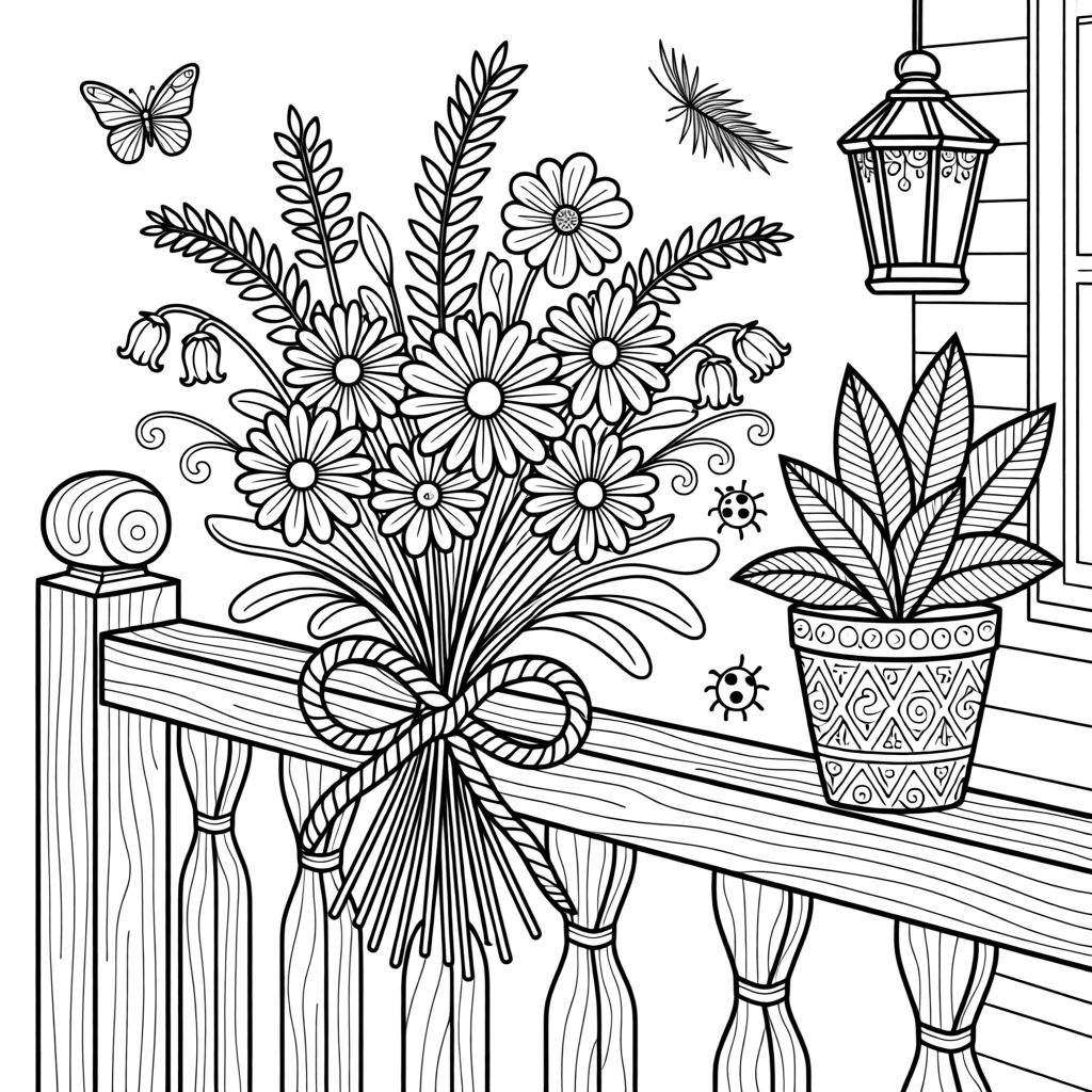 A bouquet of wildflowers tied with twine, resting on a wooden porch railing.