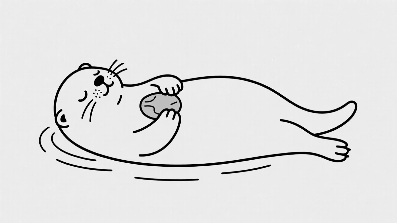A playful otter floating on its back holding a small stone