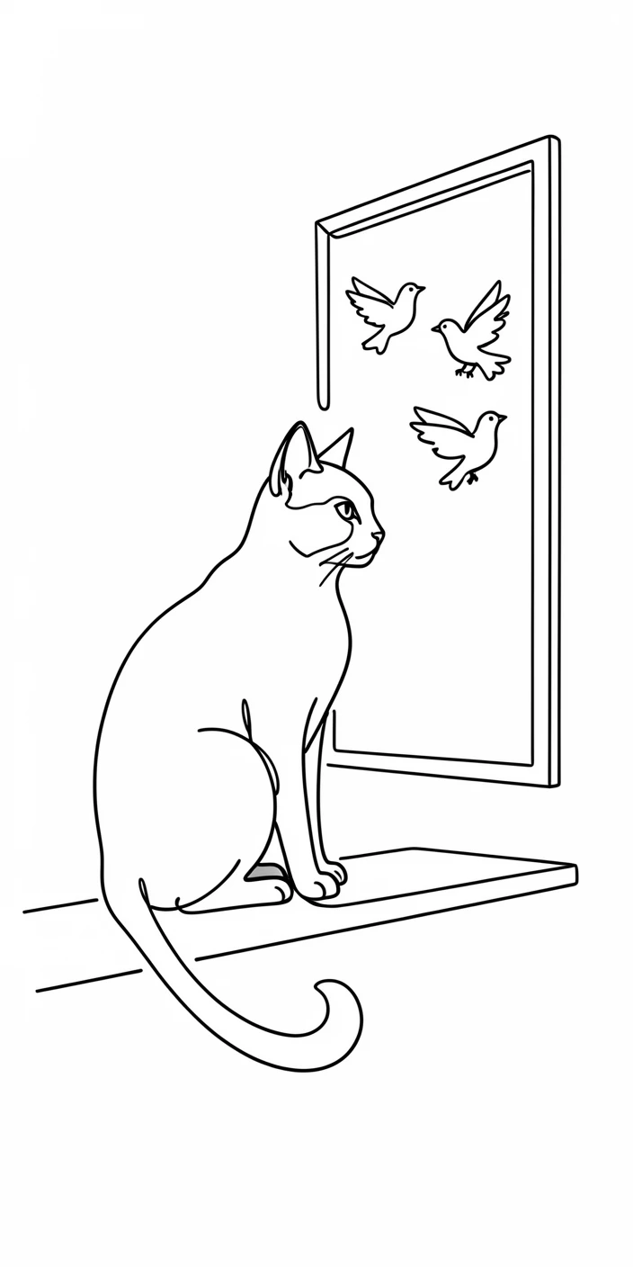 A Siamese cat perched on a windowsill watching birds outside the glass