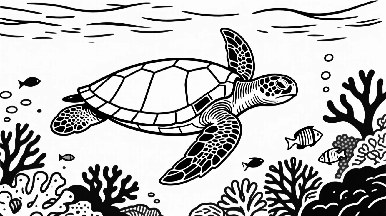 A sea turtle gliding gracefully through a coral reef surrounded by tropical fish.