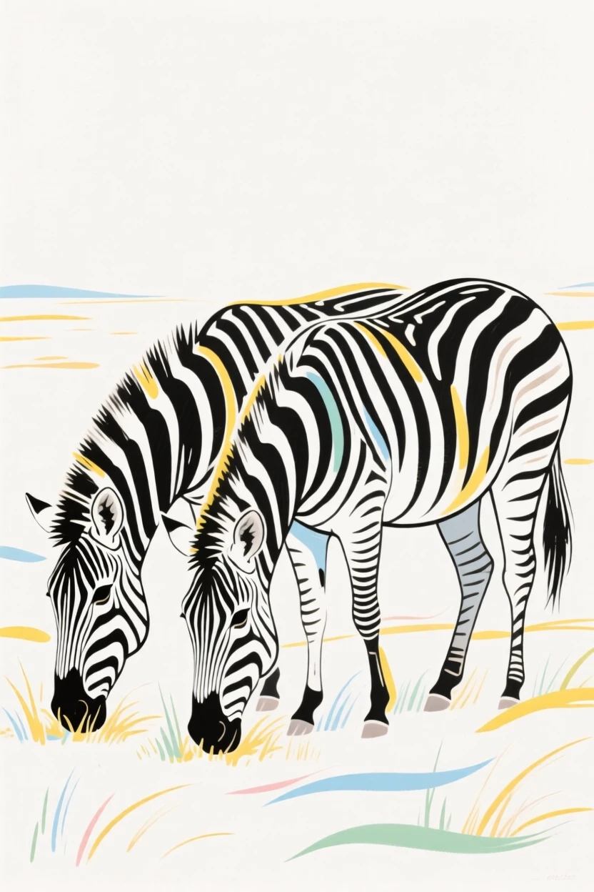 A pair of zebras grazing side by side on the open savanna.