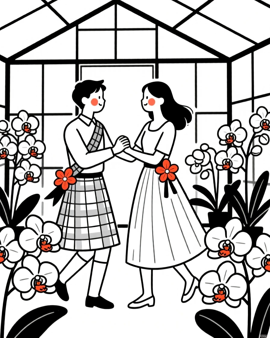 Close friends of Scottish heritage dancing at a quinceanera, in a greenhouse full of orchids.
