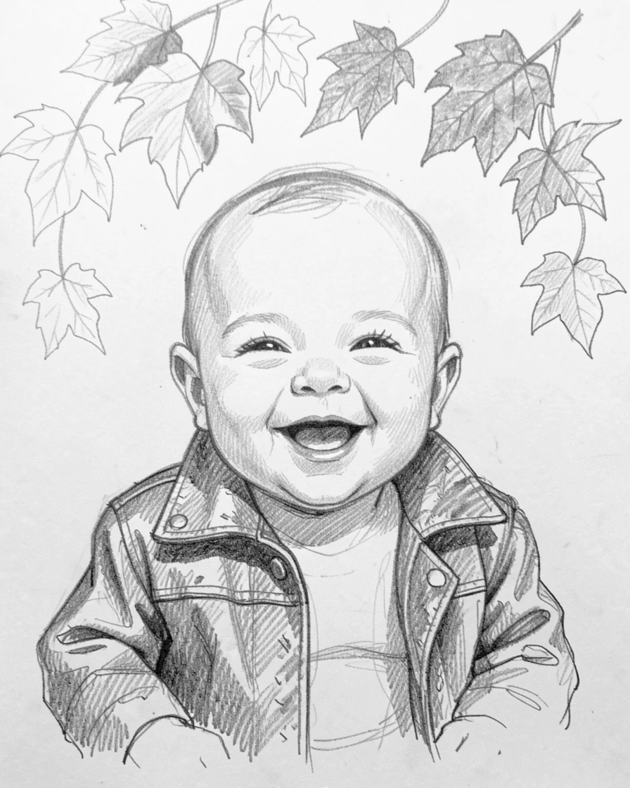 A tender portrait of a laughing newborn baby, wearing a weathered leather jacket, under a canopy of autumn leaves.