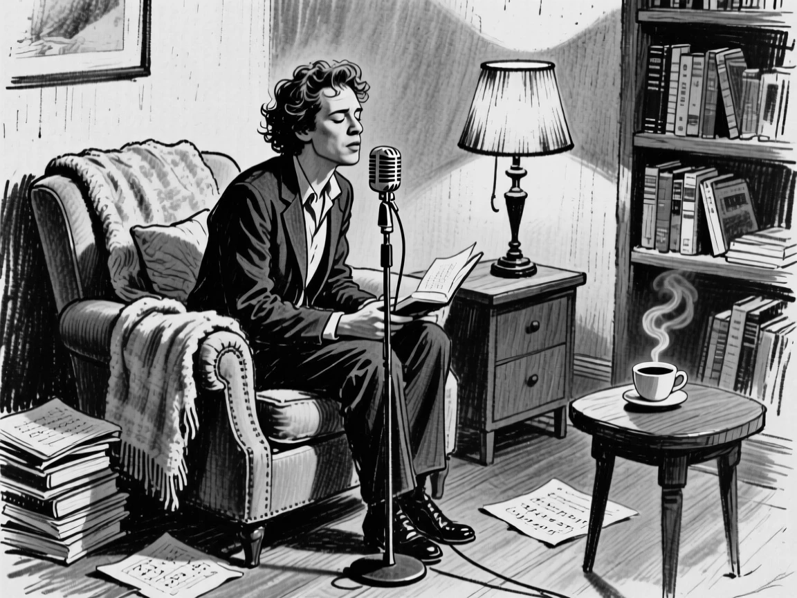 A jazz singer working intently with focused concentration, in a cozy reading nook.