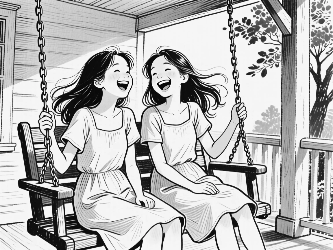 Twin sisters laughing together while sitting on a porch swing, wind gently moving their hair.