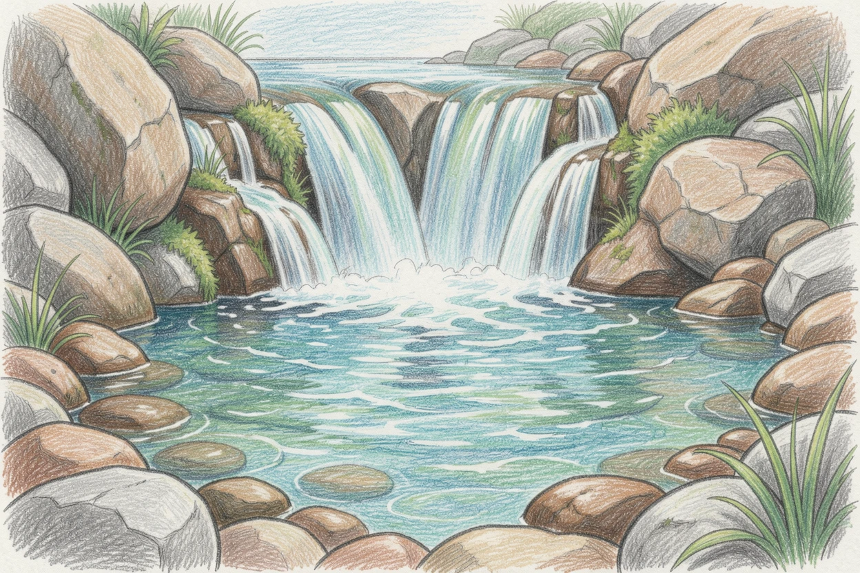 A hidden waterfall tumbling into a crystal-clear pool, bordered by smooth river stones and quiet still water, telling a quiet story of solitude and beauty.