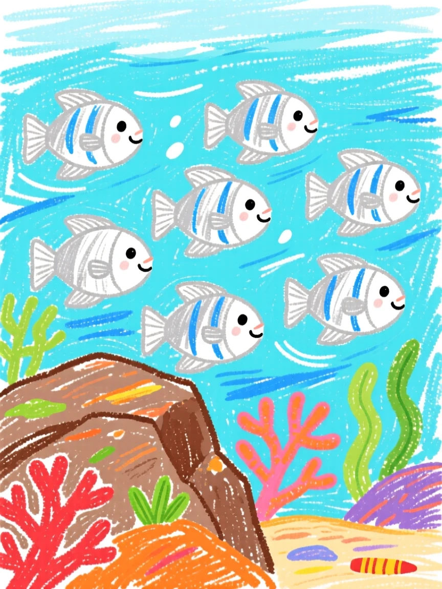 A school of silver fish swaying with the current near a rocky reef.