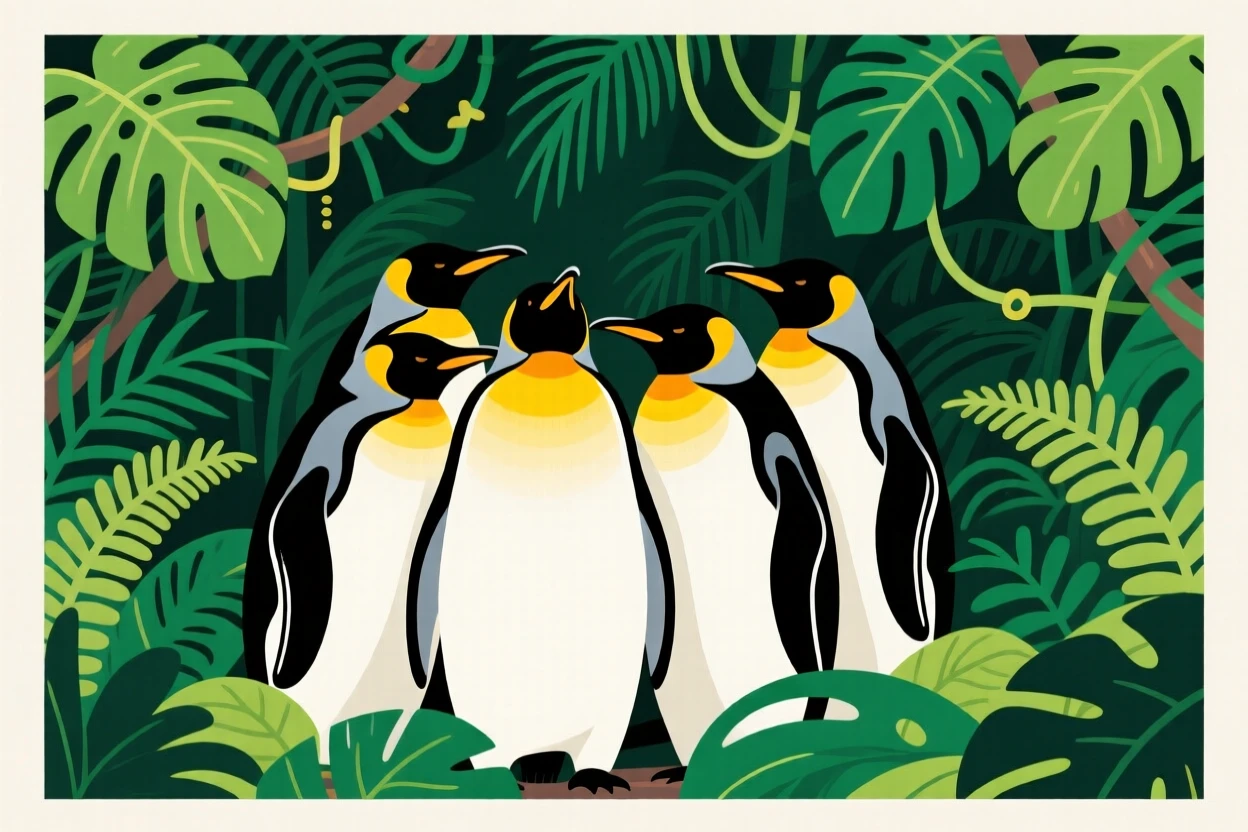A group of emperor penguins huddled together, nestled within a dense jungle alive with greenery, framed from a low angle to feel grand and majestic, with vivid, richly saturated colors that pop.