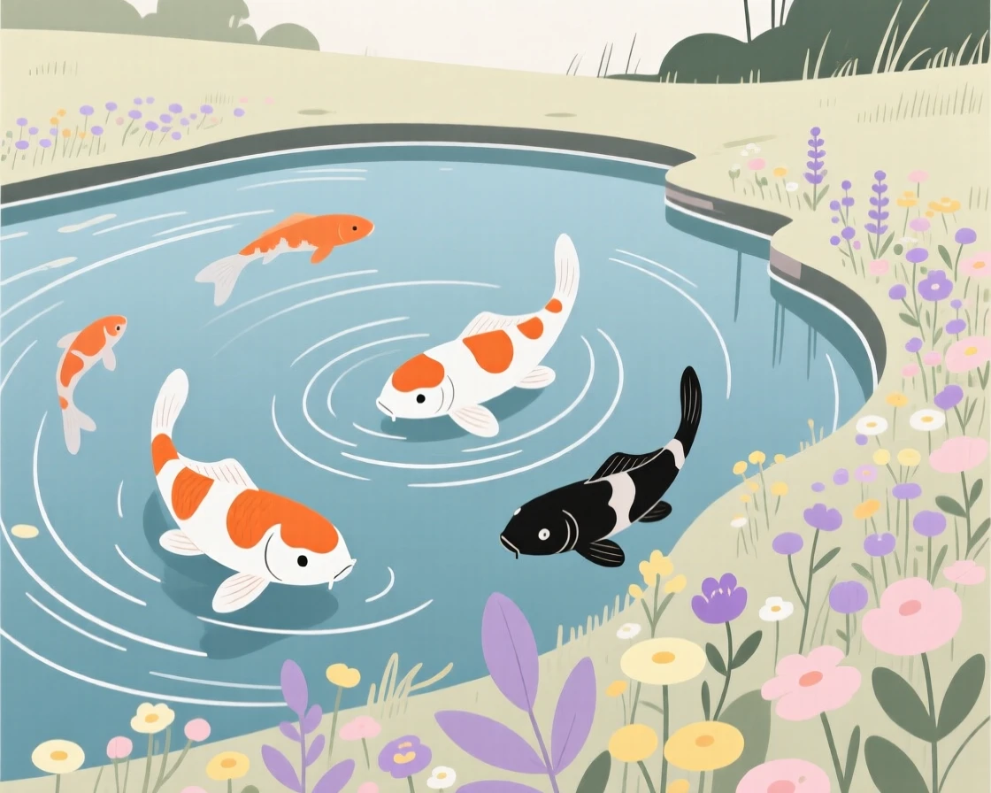 A tranquil koi pond surrounded by wildflower banks, with gentle ripples on the surface.