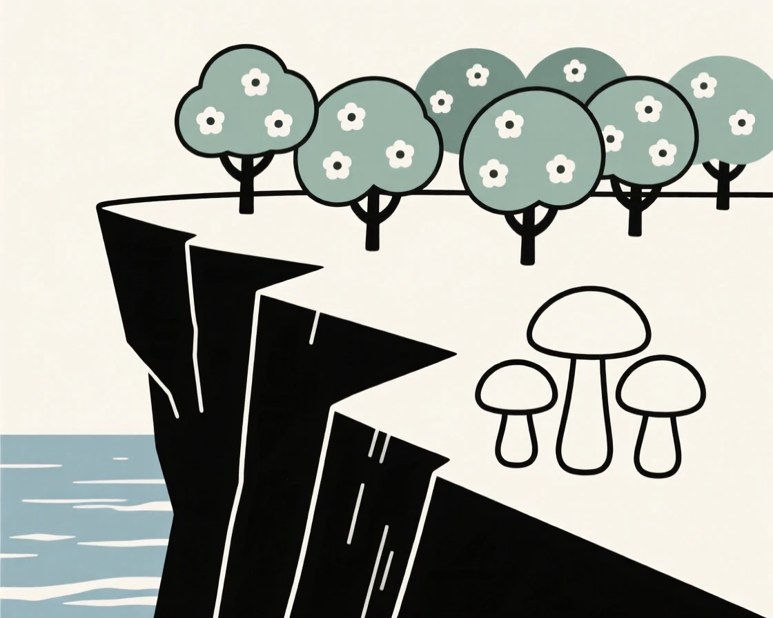 A sea cliff, standing at the edge of a blooming orchard, with a cluster of mushrooms nearby, evokes raw natural power.
