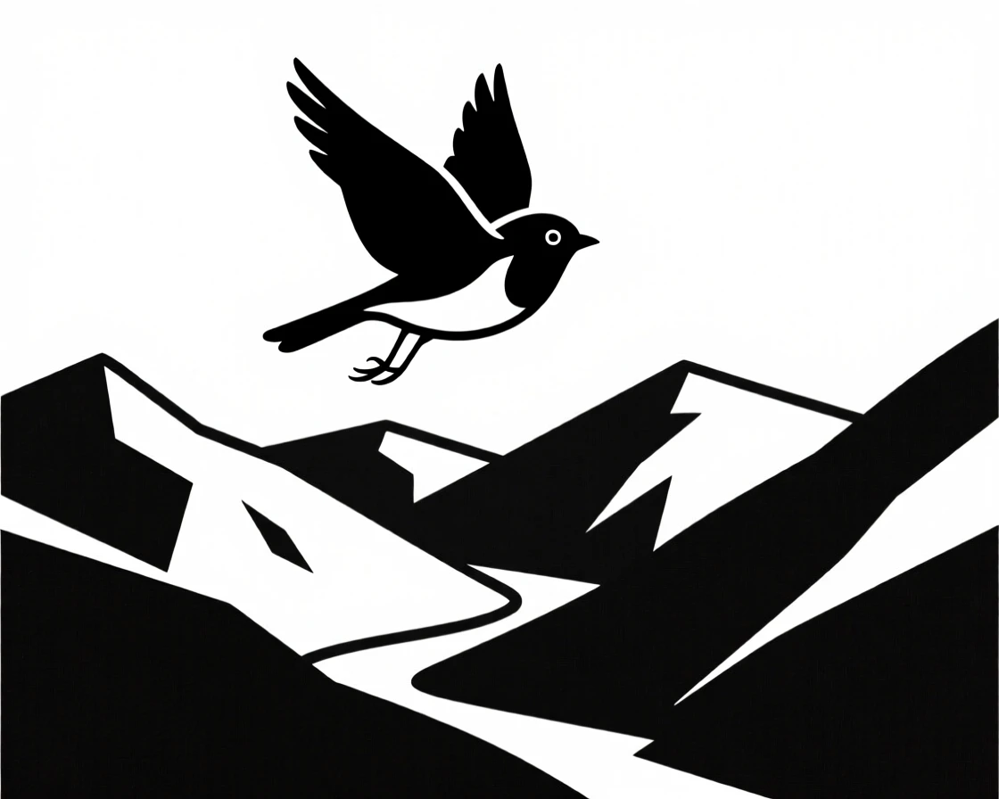 A robin soaring above a mountain valley.