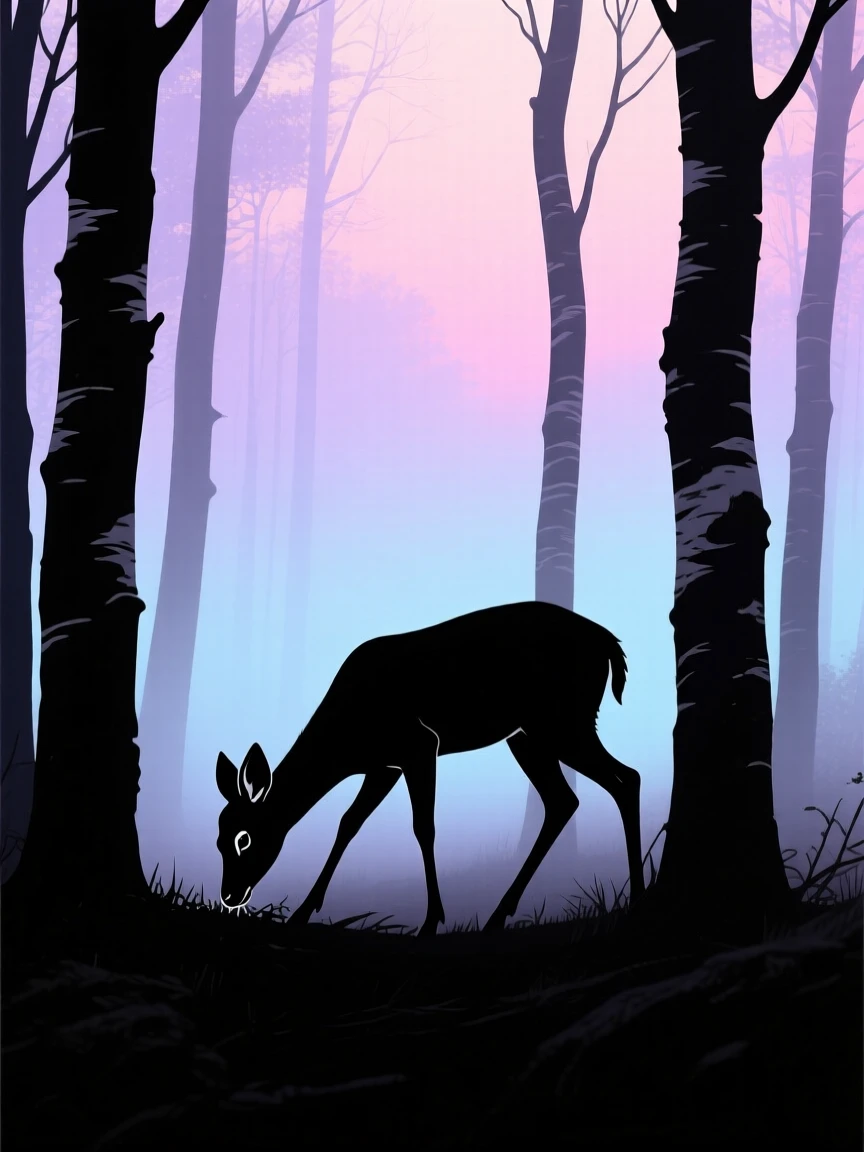 A young deer picking its way through a birch forest thick with morning mist, ears alert.