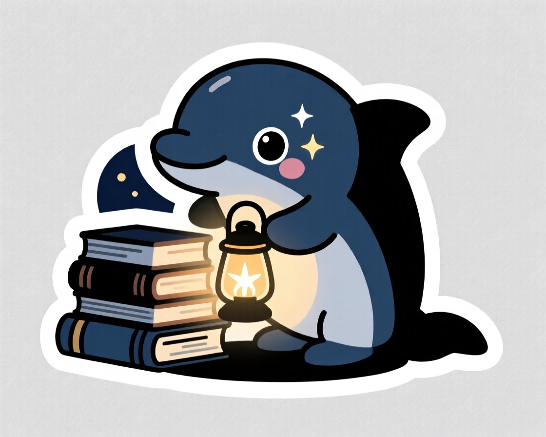 A sparkly-eyed baby dolphin holding a glowing lantern at night, beside a stack of storybooks.
