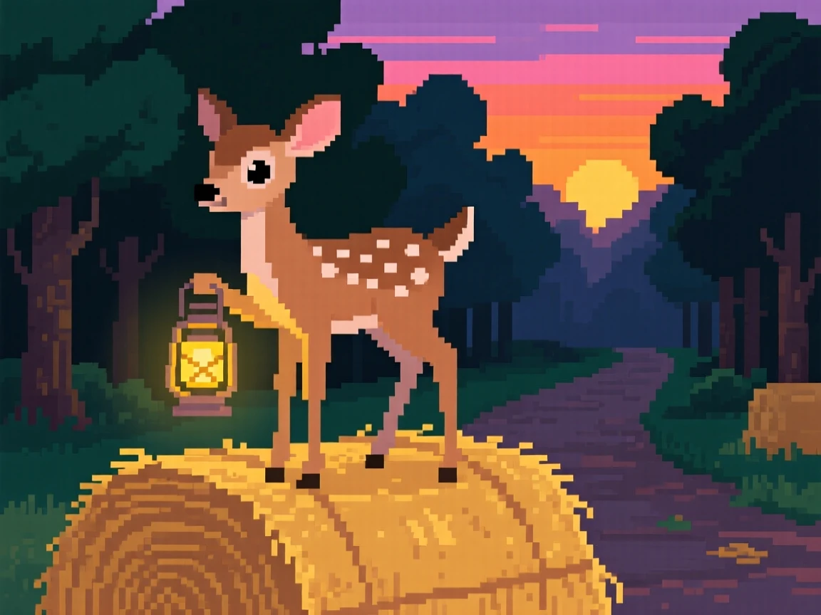 A spotted fawn holding a lantern on a dark forest path, on top of a haystack at sunset.