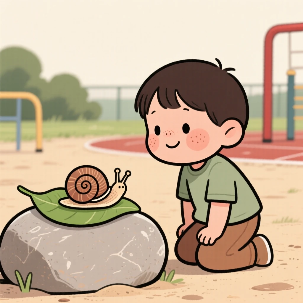 A curious small child kneels beside a snail on a stone in the school playground, watching intently as it slowly makes its way across a leaf.