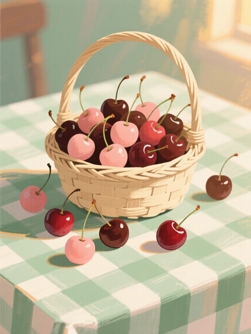 A basket of fresh cherries spilling onto a checkered tablecloth