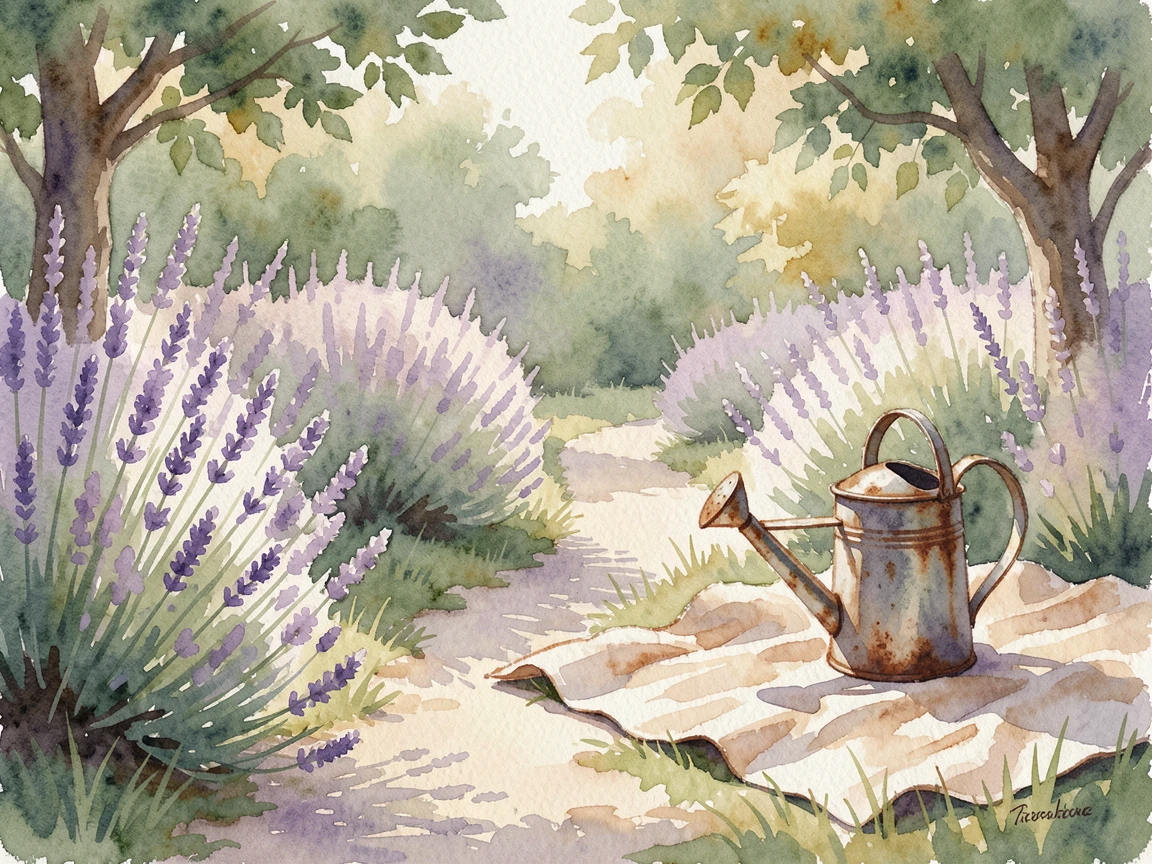 A garden path lined with lavender bushes on a picnic blanket next to an antique watering can.