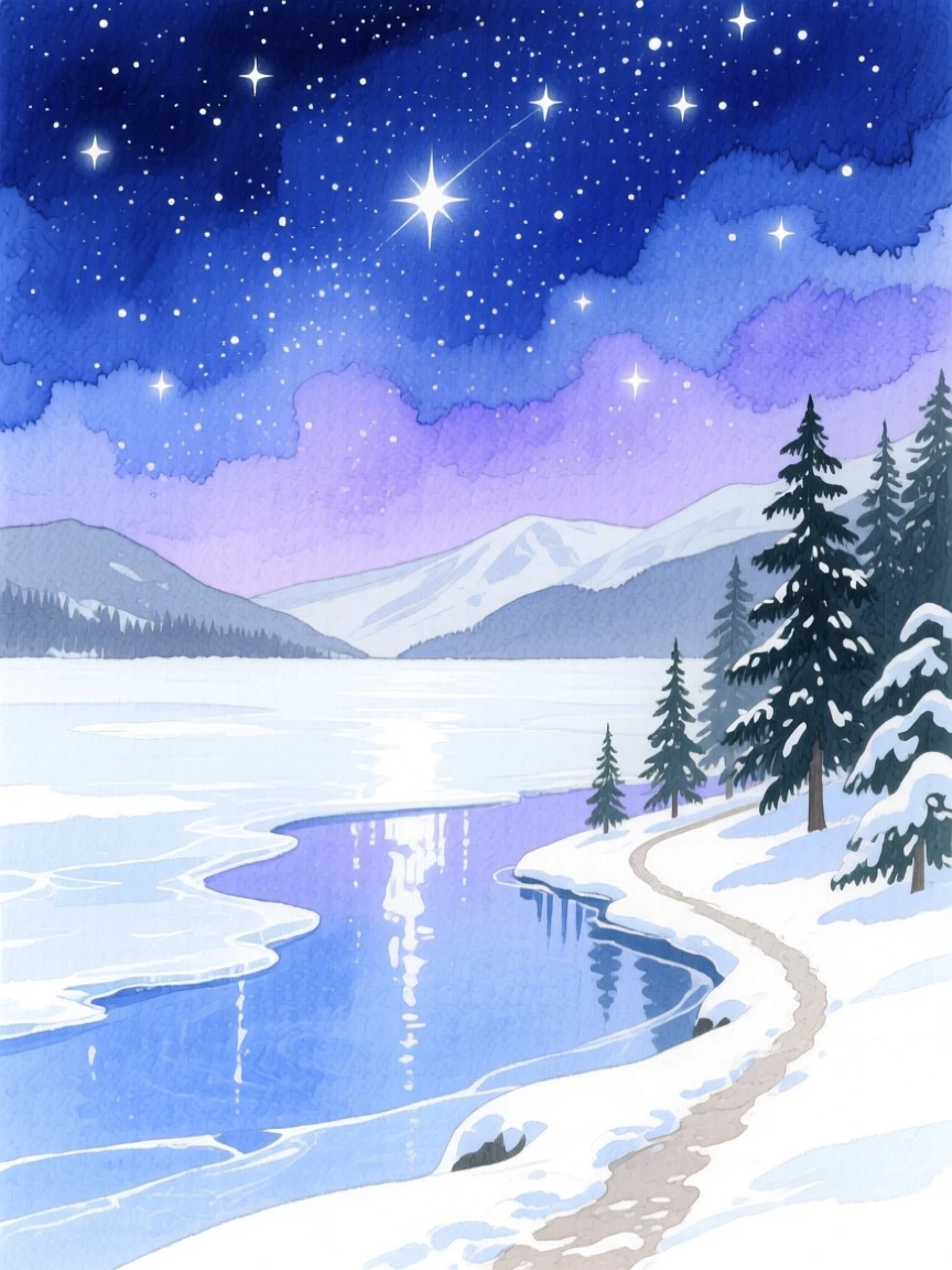 A breathtaking view of a frozen alpine lake under a canopy of stars, with a narrow path winding through