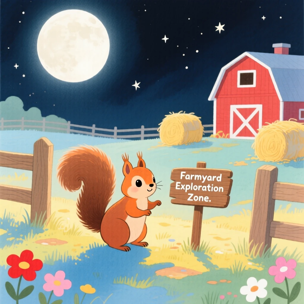 A curious squirrel exploring a sunlit farmyard under a full moon.